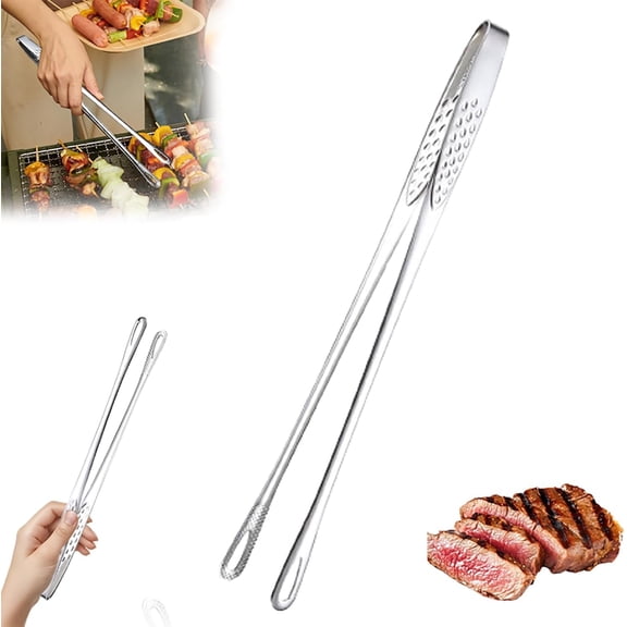 Bxaolu 1Pack BBQ Tongs – Korean Barbecue Grill Tools, Kitchen Tongs, Stainless Steel Heavy Duty For Cooking, Meat, Bread & Ice, Hollow Design Clip Head (7.9Inch)