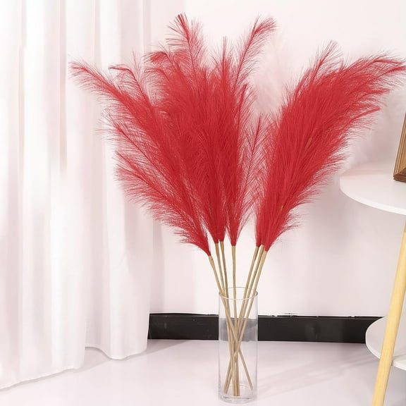 Bxaolu 1Pack Pampas Grass Decor 21.6" Fluffy Faux Short Pampas Grass Artificial Small Pompas Grass Flower Vase Filler for Home Wedding Living Room Wall Party Decoration, Red