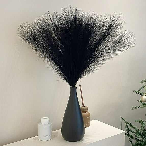 Bxaolu 1Pack Pampas Grass Decor 21.6" Fluffy Faux Short Pampas Grass Artificial Small Pompas Grass Flower Vase Filler for Home Wedding Living Room Wall Party Decoration, Black