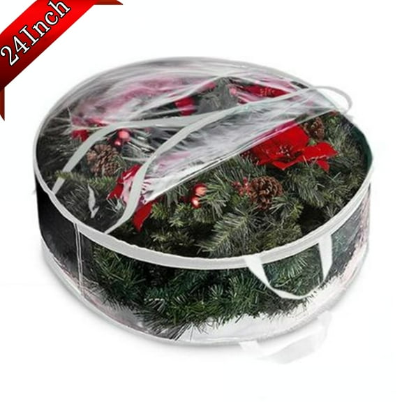 Bxaolu 1Pack Wreath Storage Bag, 24" X 8" Clear Everyday Bag, Christmas Wreath Storage Container with Zippered and Reinforced Handle for Holiday Seasonal Wreath Garlands, White
