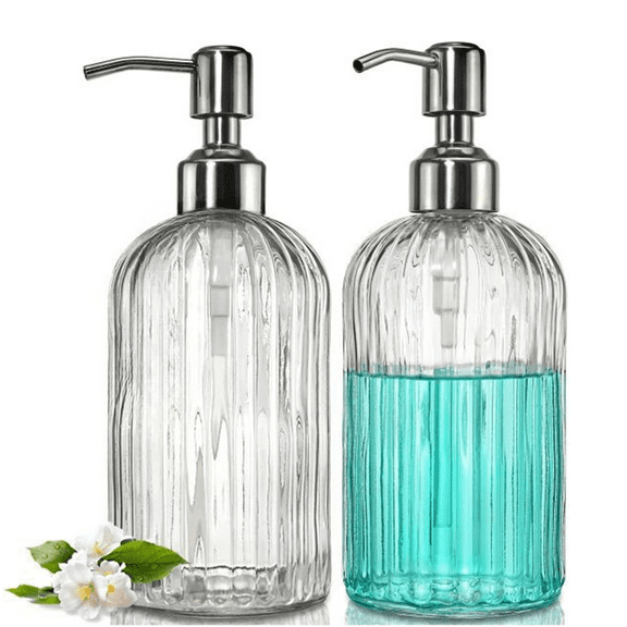 Bxaolu 2 Pack 18 Oz Clear Glass Soap Dispenser with Rust Proof Stainless Steel Pump, Shower Soap DispenserRefillable Liquid Hand Soap Dispenser for Bathroom, Premium Kitchen Soap Dispenser