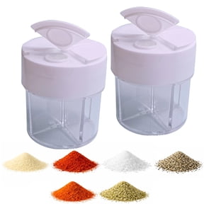Bxaolu 2 Pack 4 in 1 Plastic Salt and Pepper Shaker, 4 Grids Flip Empty Spice Dispensers Travel Spice Container Compartment Seasoning Shakers with Lid Travel Spice Jars with Labels for Cooking BBQ
