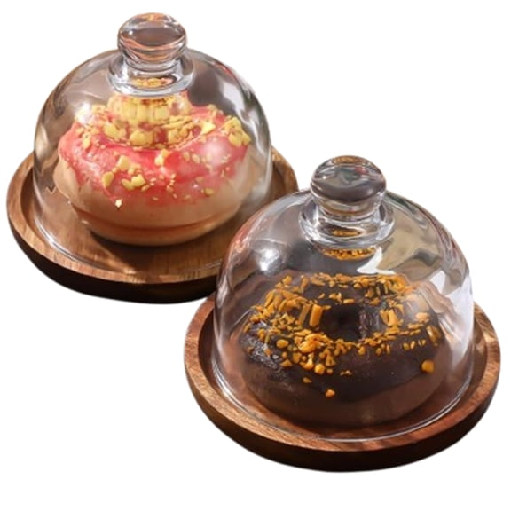 Bxaolu 2 Pack Glass Domes with Wooden Base, Cake Display Stand with Glass Dome,Cloche Clear Glass Bell Jar Cover for Dessert Cheese Candy Plants Succulents (4.1 x 3.5 inch)