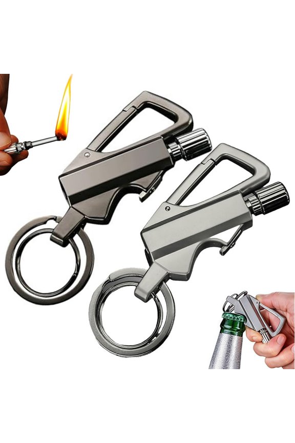 2 Pack Keychain Bottle Opener for Men, Permanent Match with Dual Side Flint Fire Starter, Waterproof Reusable Match for Outdoor Survival, Strike Anywhere Matches, Black/Silver