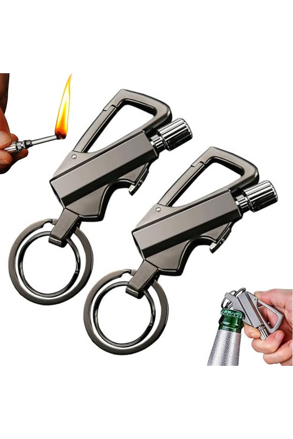 2 Pack Keychain Bottle Opener for Men, Permanent Match with Dual Side Flint Fire Starter, Waterproof Reusable Match for Outdoor Survival, Strike Anywhere Matches, Black