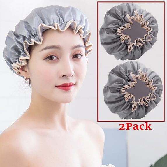 Bxaolu 2-Pack Reusable Shower Caps - 9.64 Inch Elastic Hair Protector, Waterproof Double Layer for Women - Gray