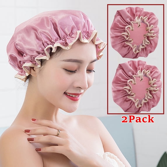 Bxaolu 2-Pack Reusable Shower Caps - 9.64 Inch Elastic Hair Protector, Waterproof Double Layer for Women - Watermelon