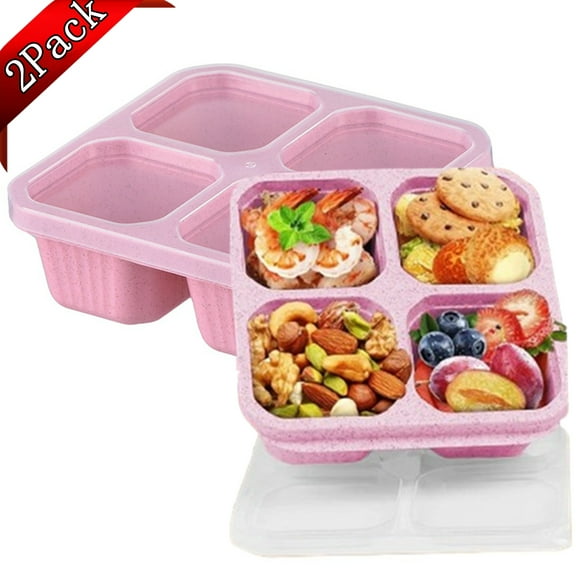 Bxaolu 2 Pack Snack Containers, Divided Bento Snack Box, 4-Compartments Reusable Meal Prep Lunch Containers for Ki-ds Adults, Food Storage Containers for Home Work Travel, Pink