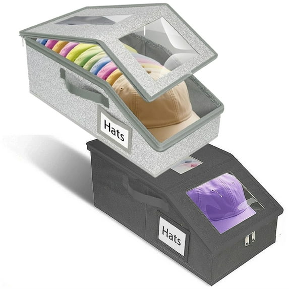 Bxaolu 2 Pack Stackable Hat Storage for Baseball Caps, Holds up to 28 Caps Hat Organizer for Closet, Sturdy Snapback Boxes for Men with Clear Window, Gray