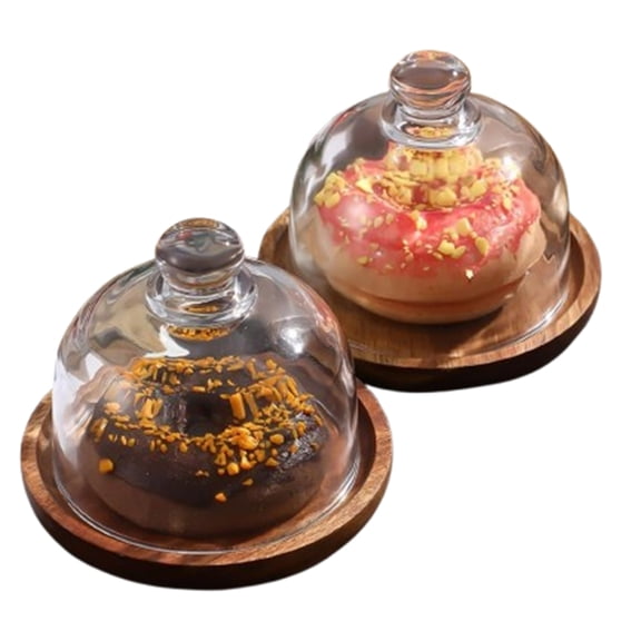 Bxaolu 2 Pack Ultra Mini Wooden Base Cake Display Stand with Dome,Cloche Clear Glass Bell Jar Cover for Dessert Cheese Candy Plants Succulents (4.1 x 3.5 inch)