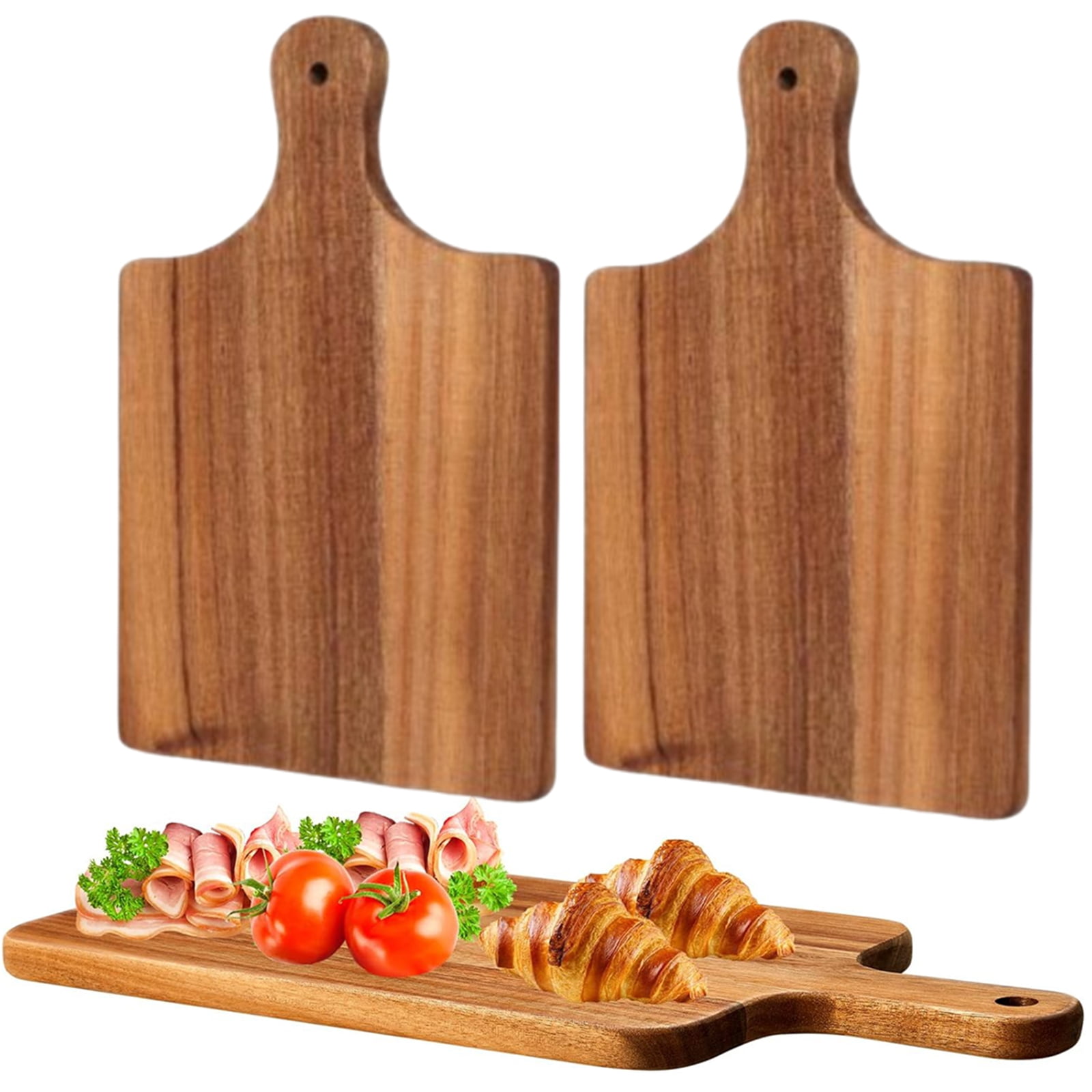 Bxaolu 2 Pcs Wood Cutting Board with Handle 11.4 x 7.8 Inch Acacia Wooden Serving Kitchen Chopping Boards for Pizza, Bread, Cheese, Charcuterie, Fruit, Vegetables(Brown)