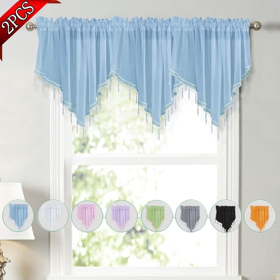 Bxaolu 2 Piece Triangle Sheer Valance Curtains for Living Room,Rod Pocket Farmhouse Window Valance, Bead Trim Tassel Voile Sheer Curtain Valance for Bedroom Bathroom Cafe 51.2x23.6 Inches