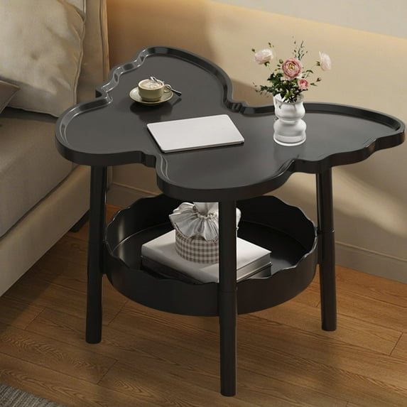 Bxaolu 2 Tier Plastic Side Table with Storage Tray - Butterfly Shaped Accent Table, Anti-Rust Plastic Nightstand for Bedroom, Balcony, Patio, Black