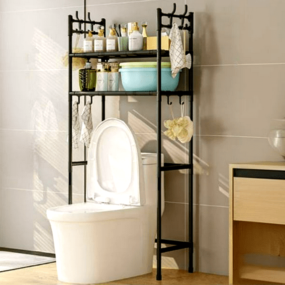 Bxaolu 2-Tier Over The Toilet Storage, Space Saver Metal Bathroom Shelves, Freestanding Above Over Toilet Storage Shelf with 8 Hooks for Bathroom, Black