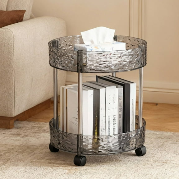 Bxaolu 2 Tier Utility Rolling Cart, Plastic Mobile Storage Shelf with Wheels, Round Rolling Side Table Cart, Organization for Livingroom, Bathroom, Kitchen, Office, Gray