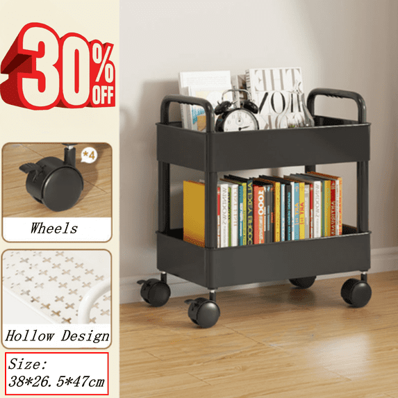 Bxaolu 2-Tier Utility Rolling Cart Storage Organizer Sofa Side Table with Wheels, Under Desk Mobile Trolley Organizer with Handle for Office Home Kitchen Organization, Black