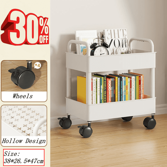 Bxaolu 2-Tier Utility Rolling Cart Storage Organizer Sofa Side Table with Wheels, Under Desk Mobile Trolley Organizer with Handle for Office Home Kitchen Organization, White