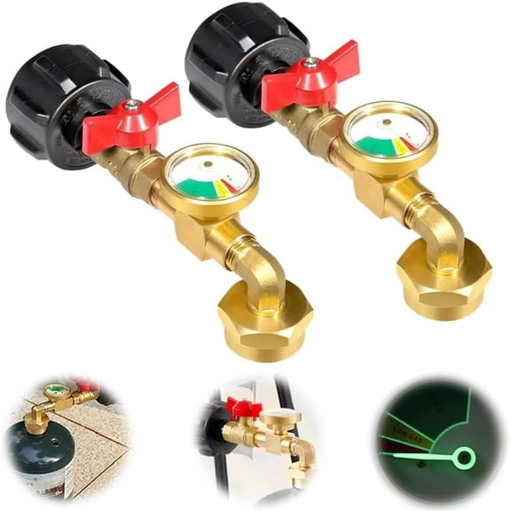 Bxaolu 2026 Upgraded Propane Refill Adapter with Valve & Gauge, Solid Brass QCC1 Refill Elbow for 1LB Small Tank to 5-40LB Cylinders, Camping & Grill Use, 2Pack