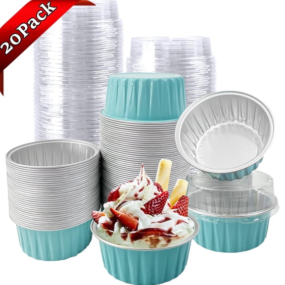 Bxaolu 20Pcs Aluminum Cups with Lids, 5oz Disposable Ramekin Baking Cups Muffin Liners Mini Pie Pans Foil Cupcake Containers for Christmas Wedding Party (Blue, 20Pack)