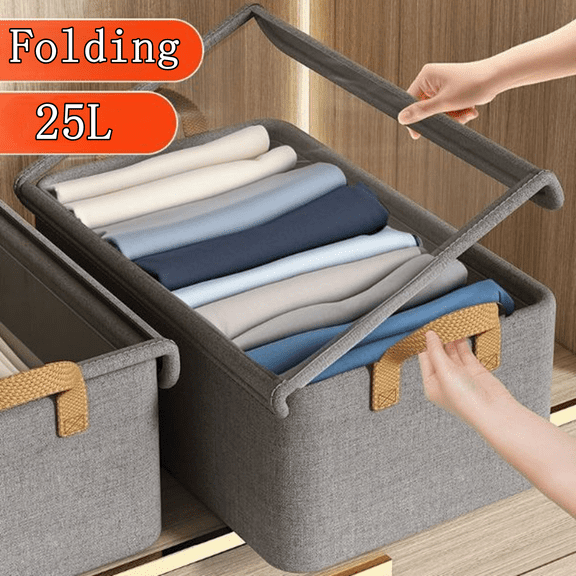 Bxaolu 27L Linen Fabric Foldable Storage Bin Cube Organizer Basket with Flip-Top Lid & Handles, Clothes Blanket Box for Home, Office, Closet, Gray, 18.5 x 11 x 7.9