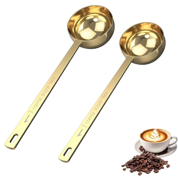 Bxaolu 2Pcs Coffee Scoop Spoon - 1 Tbsp Tablespoon 15ML 304 Stainless Steel Long Handle Measuring Spoons for Ground Coffee, Loose Tea and Powder, Gold