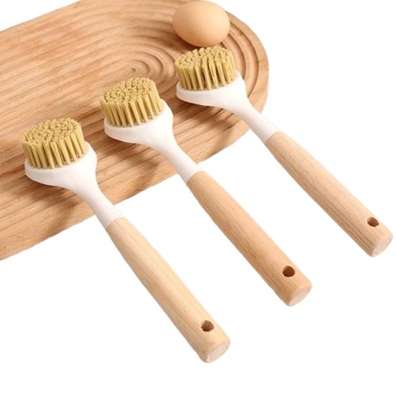 Bxaolu 3 Pack Dish Brush Set with Bamboo Handle, Kitchen Brushes for Cleaning Pot, Sink and Stove, Skillet Scrubber with Tough Bristles for Cast Iron Grill Pan, Beige