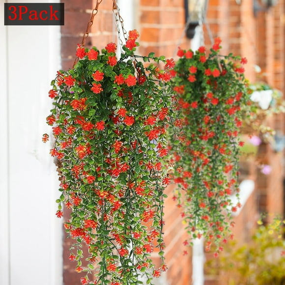 Bxaolu 3 Pcs Artificial Hanging Flowers Outdoor Faux Plants Spring Decor Fake Chlorophytum Realistic UV Resistant Trailing Vines Porch Yard Indoor Wedding Favors, 30inch