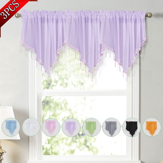Bxaolu 3 Piece Triangle Sheer Valance Curtains for Living Room,Rod Pocket Farmhouse Window Valance, Bead Trim Tassel Voile Sheer Curtain Valance for Bedroom Bathroom Cafe 51.2x23.6 Inches