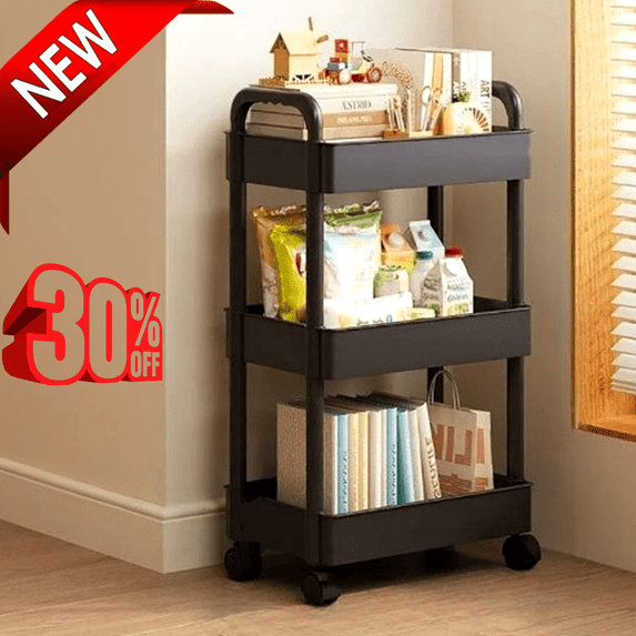Bxaolu 3-Tier Plastic Rolling Utility Cart with Handle, Multi-Functional Storage Trolley for Office, Living Room, Kitchen, Movable Storage Organizer with Wheels, Black