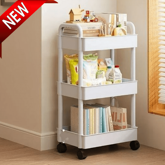 Bxaolu 3-Tier Plastic Rolling Utility Cart with Handle, Multi-Functional Storage Trolley for Office, Living Room, Kitchen, Movable Storage Organizer with Wheels, White
