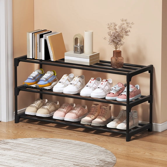 Bxaolu 3-Tier Shoe Rack for Closet, Compact Metal Shoe Organizer Shelf for Entryway, Bedroom, Small Spaces, Stackable, 17.72 x 11.02 x 8.27 Inches, Black