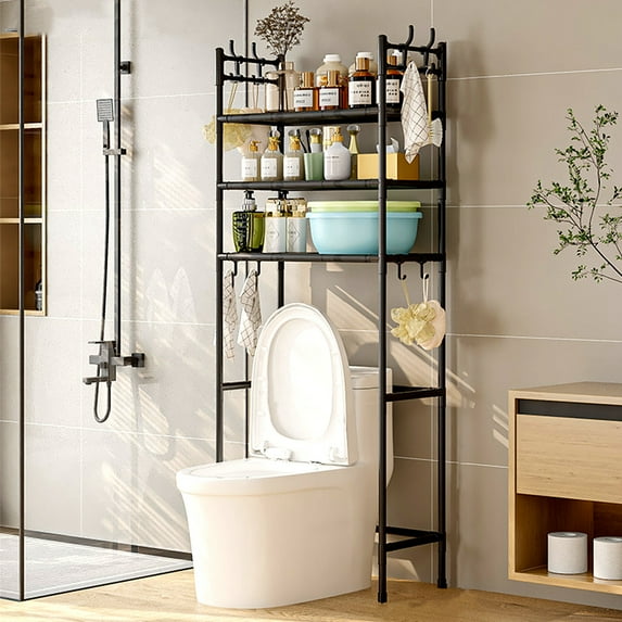 Bxaolu 3-Tier Over The Toilet Storage, Space Saver Metal Bathroom Shelves, Freestanding Above Over Toilet Storage Shelf with 8 Hooks for Bathroom, Black