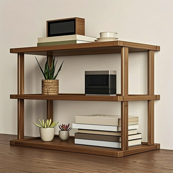 Bxaolu 3-Tier Wooden Shelf Bookcase - Modern Open Bookshelf, Free Standing Storage Rack, Multifunctional Mug Display Stand for Home and Office, Brown, Rectangle