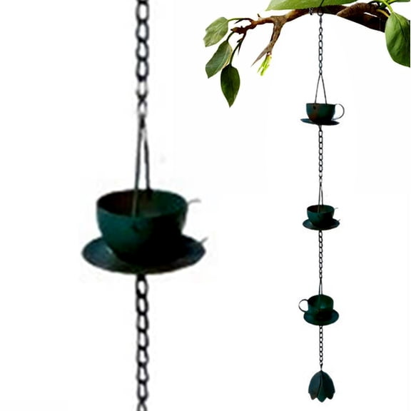 Bxaolu 37"Rain Chains for Gutters Outside with Rustic 3 Coffee Cups Rain Chain Catcher Downspout Replacement Metal Garden Rainwater Divert for Eaves Drainage(Green)