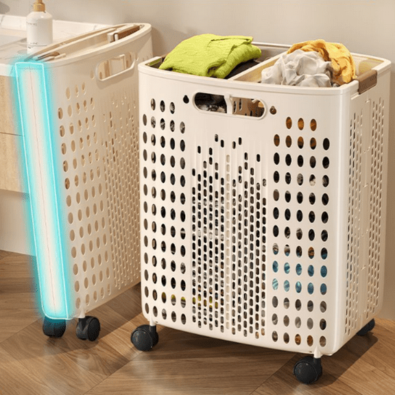 Bxaolu 38L Rolling Plastic Laundry Basket Collapsible Toys Storage Bin Box Organizer with Wheels Handle Durable Ventilated Foldable Hamper for Bedroom Dirty Clothes,17"H x 13.39"L x 10.24"W, White