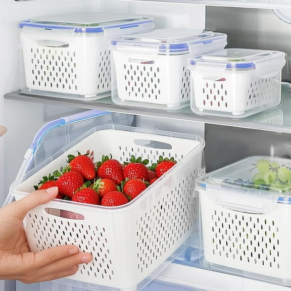 Bxaolu 3PCS Fruit Storage Containers for Fridge with Removable Colander, Airtight Food Storage Container, Dishwasher Safe Produce Container for Refrigerator, Keep Fruit Vegetable Fresh Longer,Blue
