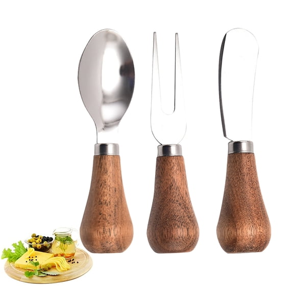 Bxaolu 3Pack Vertical Cheese Spreader with Wooden Handle Cute Standing Butter Knife, Fork, Spoon 3Piece Set, Brown