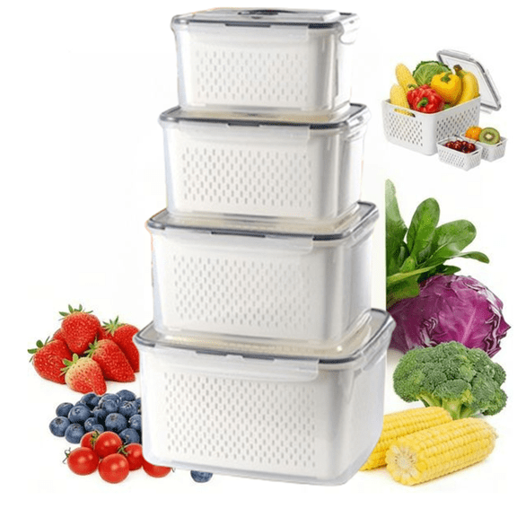 Bxaolu 4 PCS Fruit Storage Containers for Fridge with Removable Colander, Airtight Food Storage Container, Dishwasher Safe Produce Saver for Refrigerator, Keep Berry Fruit Fresh Longer