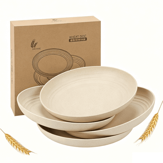 Bxaolu 4 PCS Wheat Straw Plates, 5.9 Inch Reusable Plastic Unbreakable Dinner Plates for Kitchen, Dishwasher & Microwave Safe (Beige)