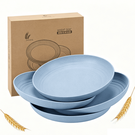 Bxaolu 4 PCS Wheat Straw Plates, 5.9 Inch Reusable Plastic Unbreakable Dinner Plates for Kitchen, Dishwasher & Microwave Safe (Blue)
