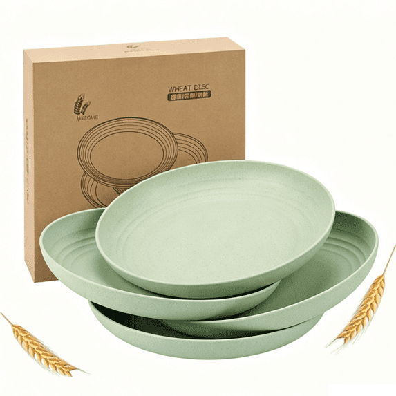 Bxaolu 4 PCS Wheat Straw Plates, 5.9 Inch Reusable Plastic Unbreakable Dinner Plates for Kitchen, Dishwasher & Microwave Safe (Green)