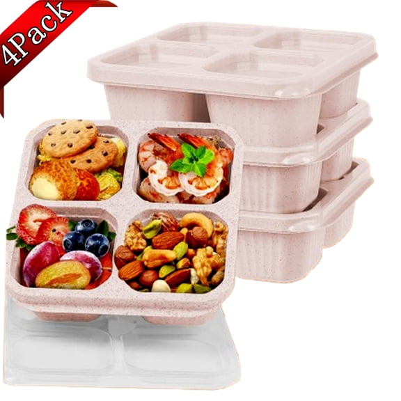 Bxaolu 4 Pack Bento Snack Boxes Lunchable Containers for Ki-ds/Adults, Wheat Straw 4-Compartment Reusable Food Storage Containers with Lids for Snacks, Small Meal (Beige, 4PCS)