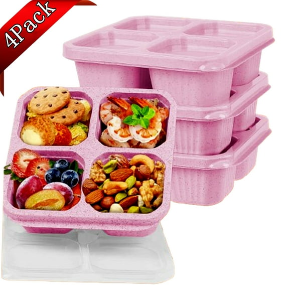Bxaolu 4 Pack Bento Snack Boxes Lunchable Containers for Ki-ds/Adults, Wheat Straw 4-Compartment Reusable Food Storage Containers with Lids for Snacks, Small Meal (Pink, 4PCS)