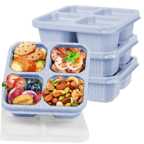 Bxaolu 4 Pack Bento Snack Containers Set, 4 Compartment Food Storage Containers, Lunch Box Set of 4, Plastic Food Storage Container, Microwave and Dishwasher Safe (Blue)