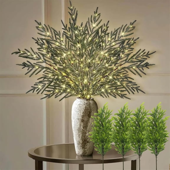 Bxaolu 4 Pcs Christmas Norfolk Pine Branches - 35" Artificial Norfolk Branch Faux Stem Greenery Pine Picks with Led Lights for Vase DIY Crafts Garland Wreath Xmas Indoor Outdoor Home Decor