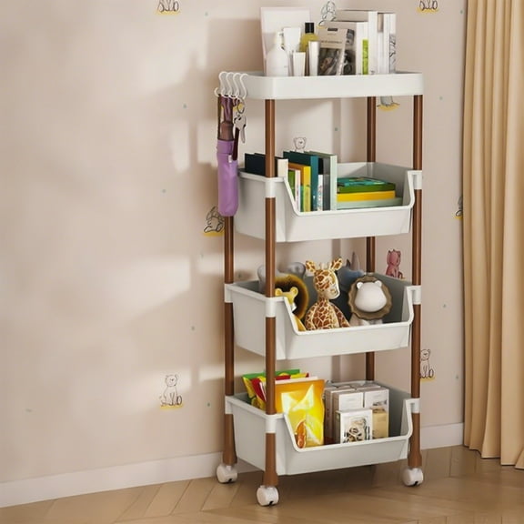 Bxaolu 4-Tier Plastic Rolling Utility Cart with 4 Hooks, Multi-Functional Storage Trolley for Office, Living Room, Kitchen, Movable Storage Organizer with 4 Wheels