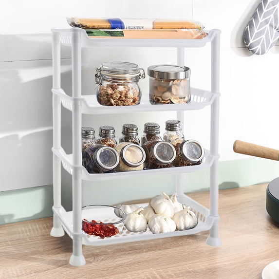 Bxaolu 4 Tier Storage Rack Plastic Shelving Unit, Storage Standing Shelf Organizer for Laundry Bathroom Kitchen Pantry Closet Garage Basement Utility Room, White