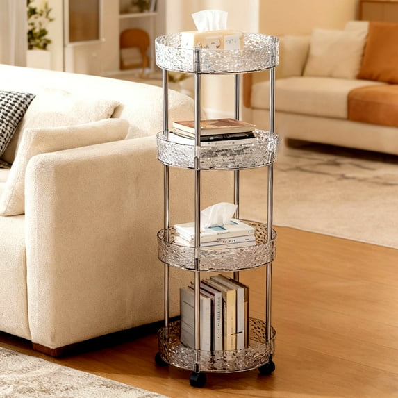 Bxaolu 4 Tier Utility Rolling Cart, Plastic Mobile Storage Shelf with Wheels, Round Rolling Side Table Cart, Organization for Livingroom, Bathroom, Kitchen, Office, Clear