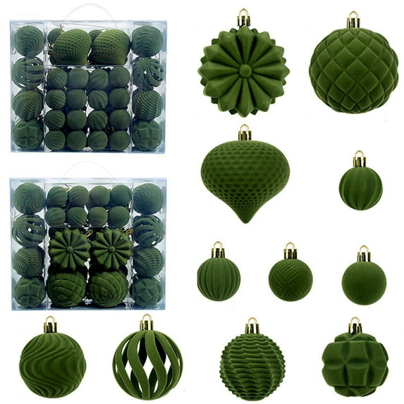 Bxaolu 48Pcs Green Velvet Christmas Ornaments Set, Assorted Flocked Christmas Baubles Hanging Decorations, Plastic Christmas Balls Decor for Xmas Tree,Home,Party,Holiday (Green)