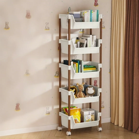 Bxaolu 5-Tier Plastic Rolling Storage Cart Utility Cart with 2 Hooks, Multi-Functional Storage Trolley for Living Room Bathroom Kitchen Office, Movable Storage Organizer with Wheels